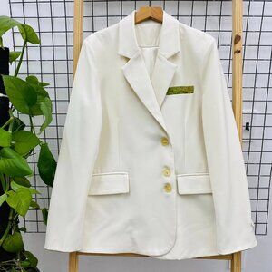 Ivory White Longline Blazer Green Pocket Detail Elegant Office Jacket